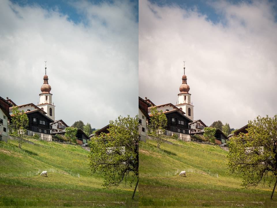 Split image of a tower in Switzerland. The left image looks cooler than the right image.